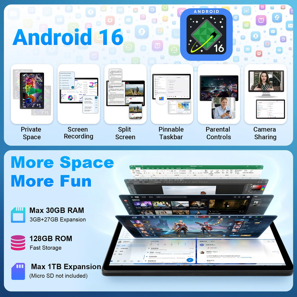 11 Inch 2 in 1 Android 16 Tablet with Keyboard Mouse Pen Case P551