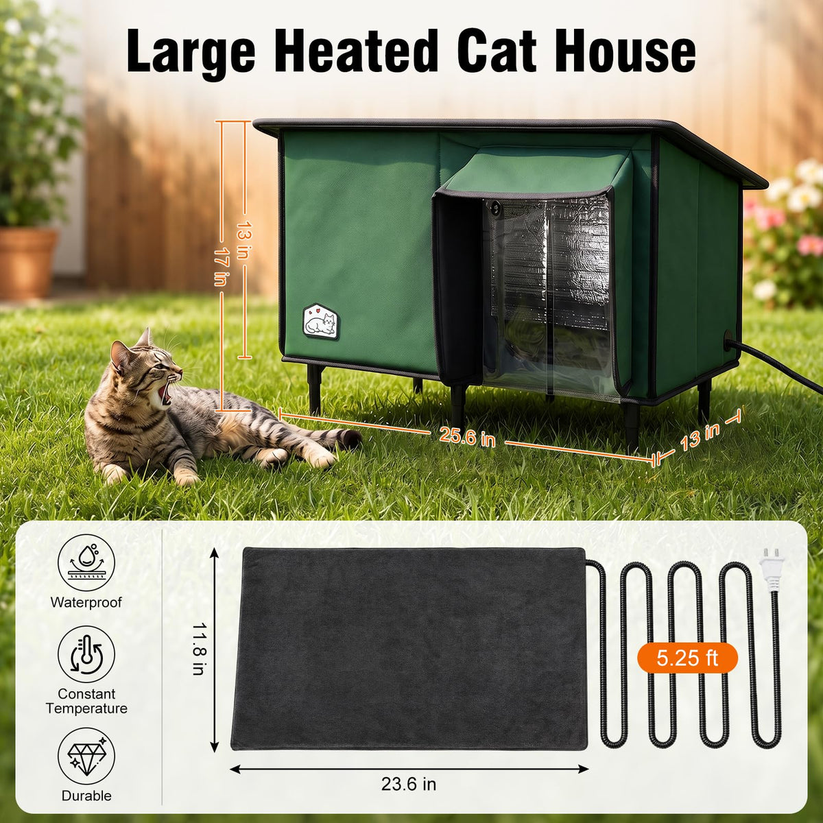 Weatherproof Insulated Heated Cat House with Heating Pad E316