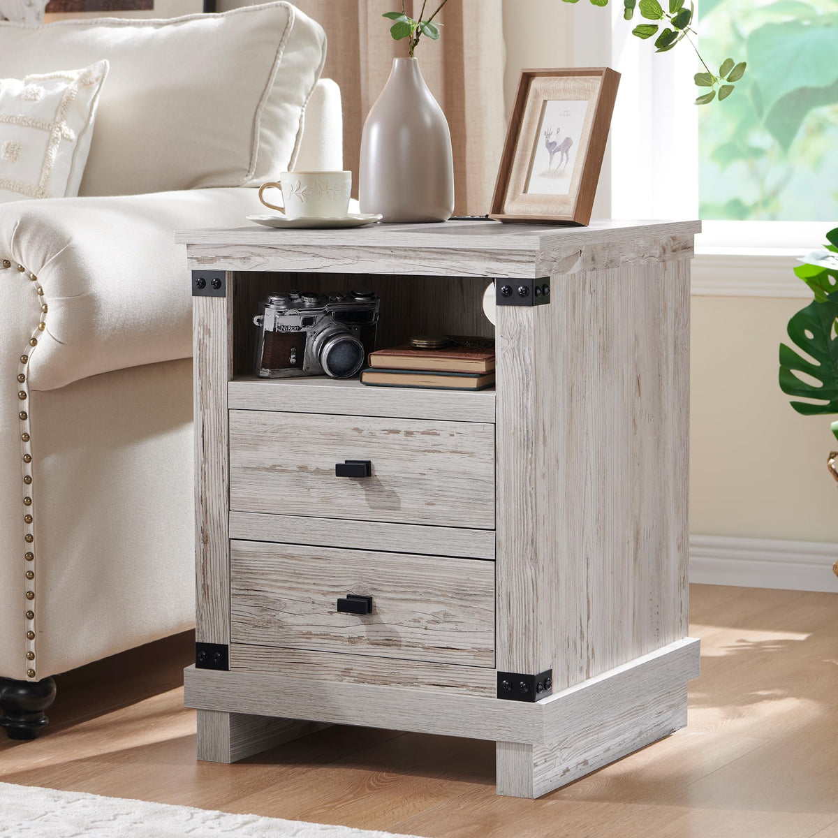 18" Farmhouse Nightstand with Charging Station Q9190
