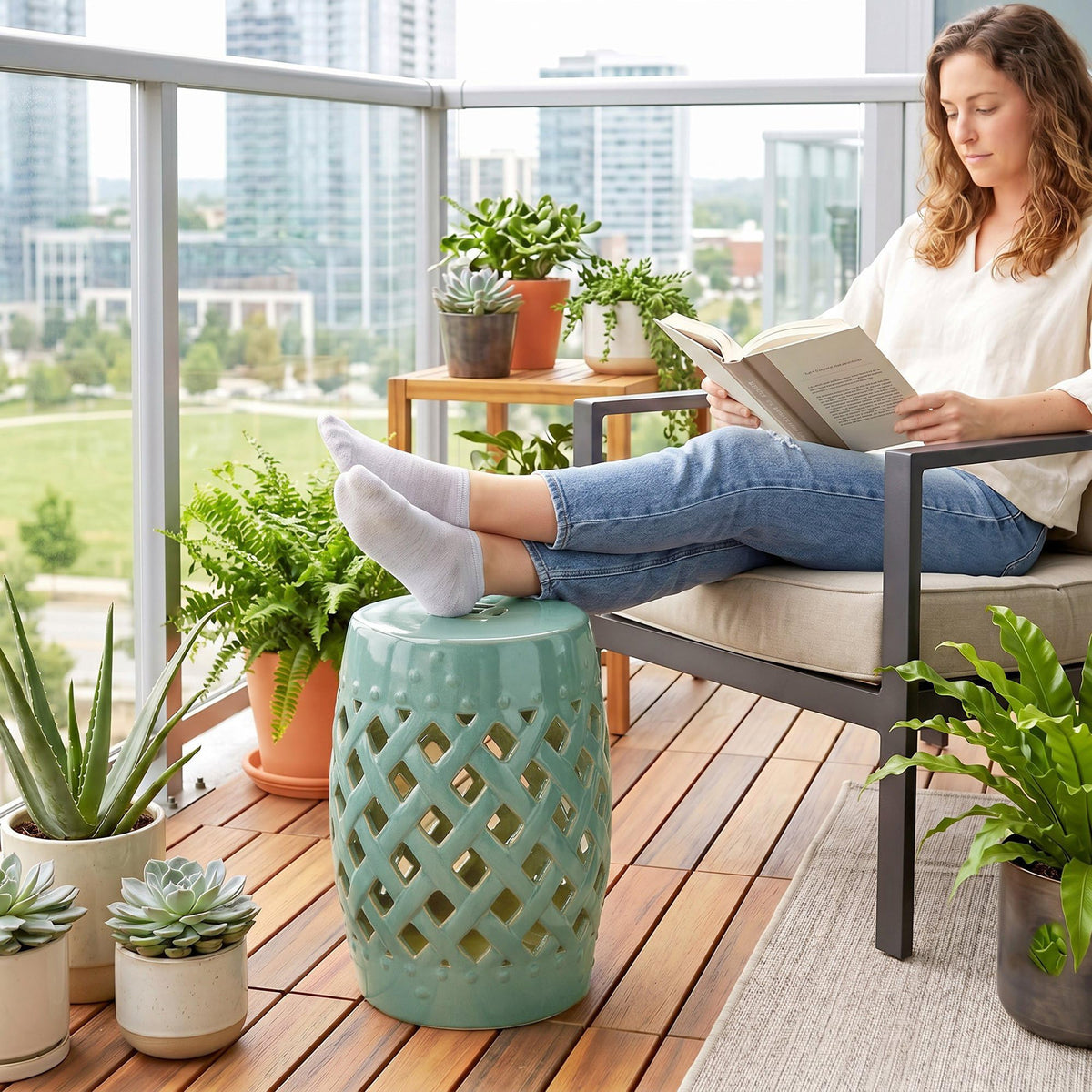 Ceramic Garden Stool Outdoor Stool Green D398920