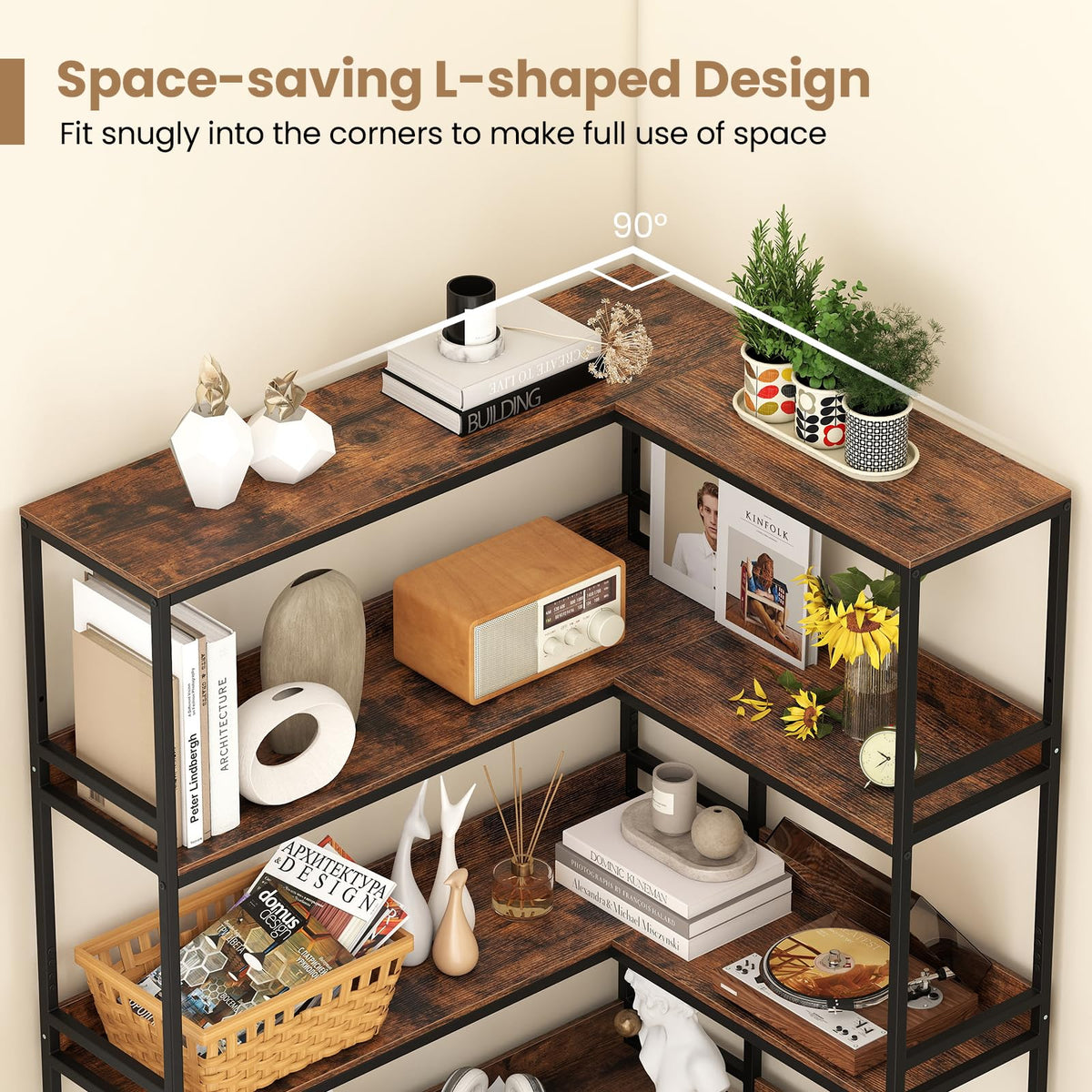 5-Tier L-Shaped Bookshelf with Metal Frame J88937