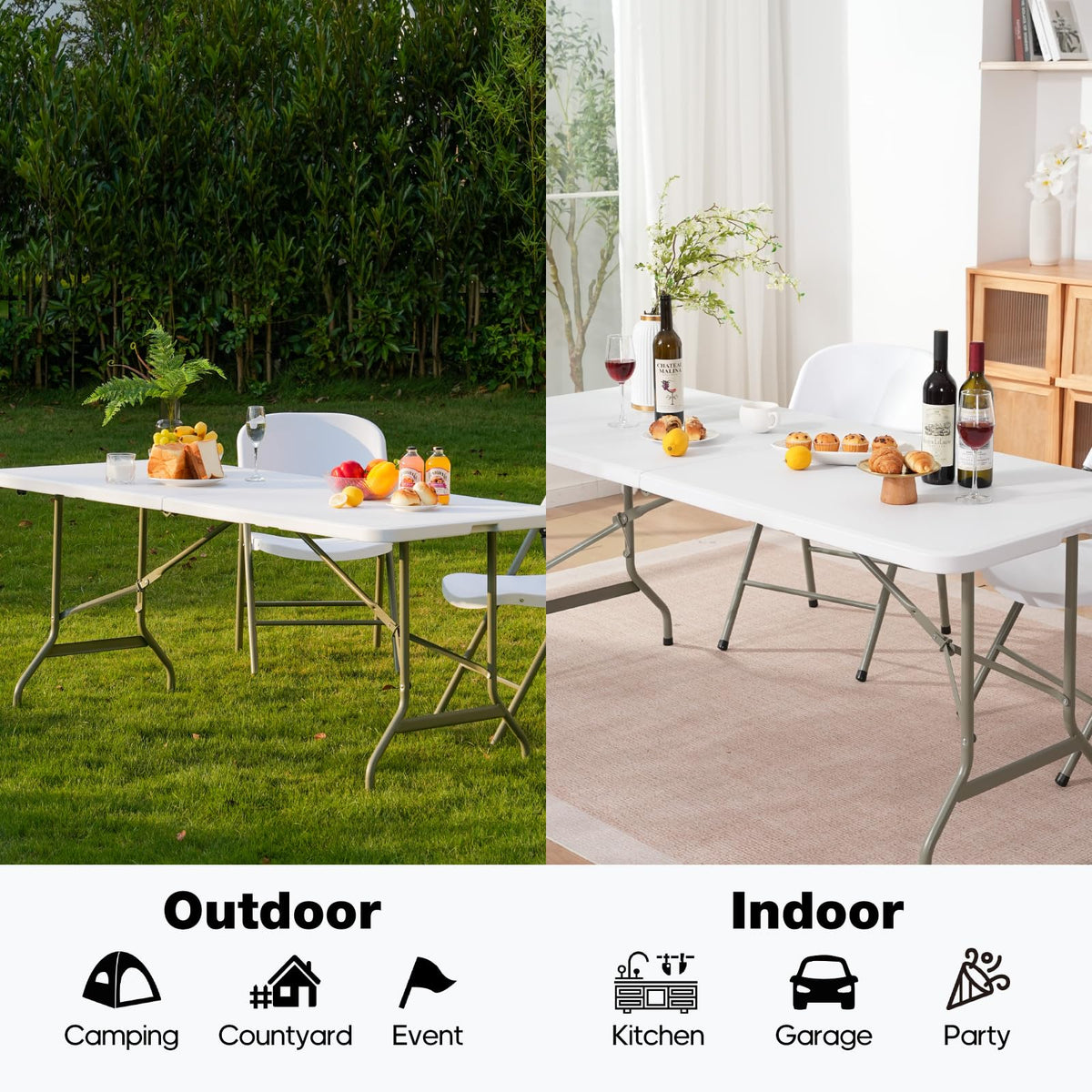 Folding Table 6ft Heavy-Duty 500lbs HDPE Steel White W46235