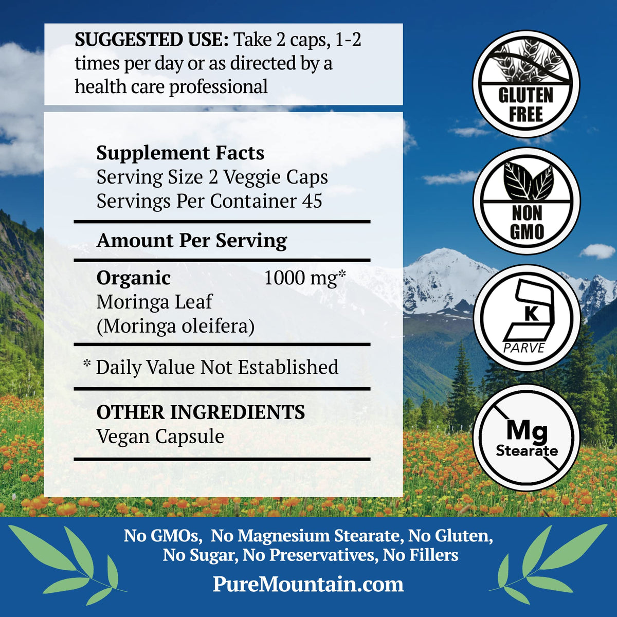 Organic Moringa Oleifera 1000mg 90 Count Vegan Supplement T2231