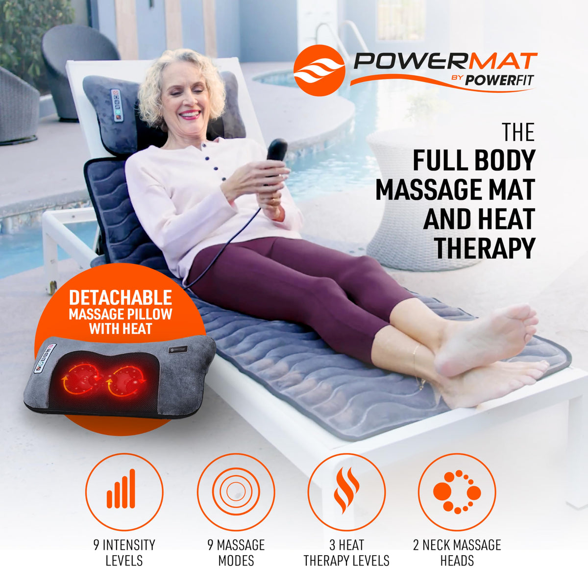 Full Body Massage Mat with Detachable Massage Pillow, 9 Intensity Levels, 9 Massage Modes & 3 Heat Settings F837