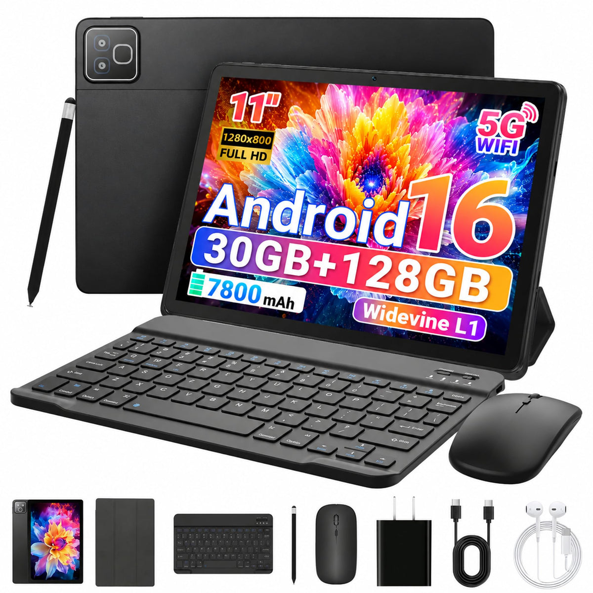 11 Inch 2 in 1 Android 16 Tablet with Keyboard Mouse Pen Case P551