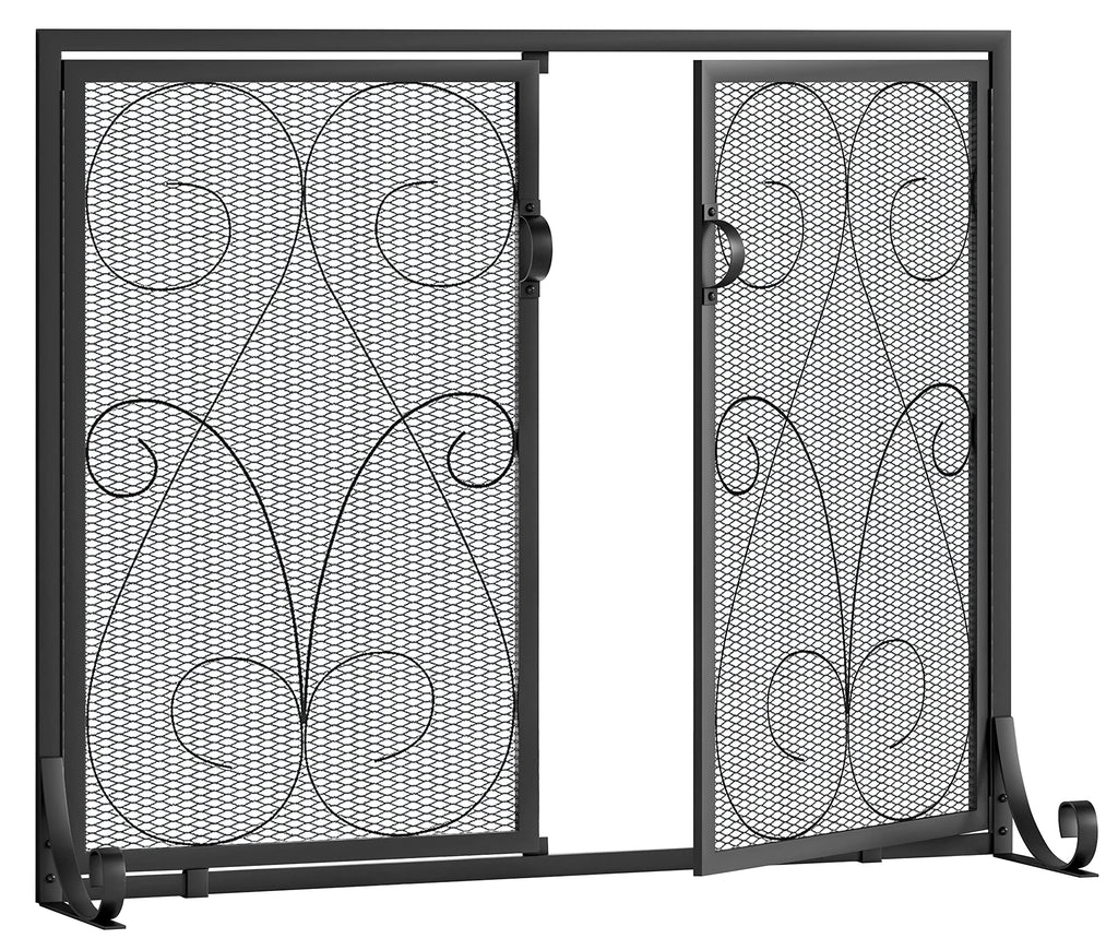 2-Panel Wrought Iron Fireplace Screen with Doors Black W340541