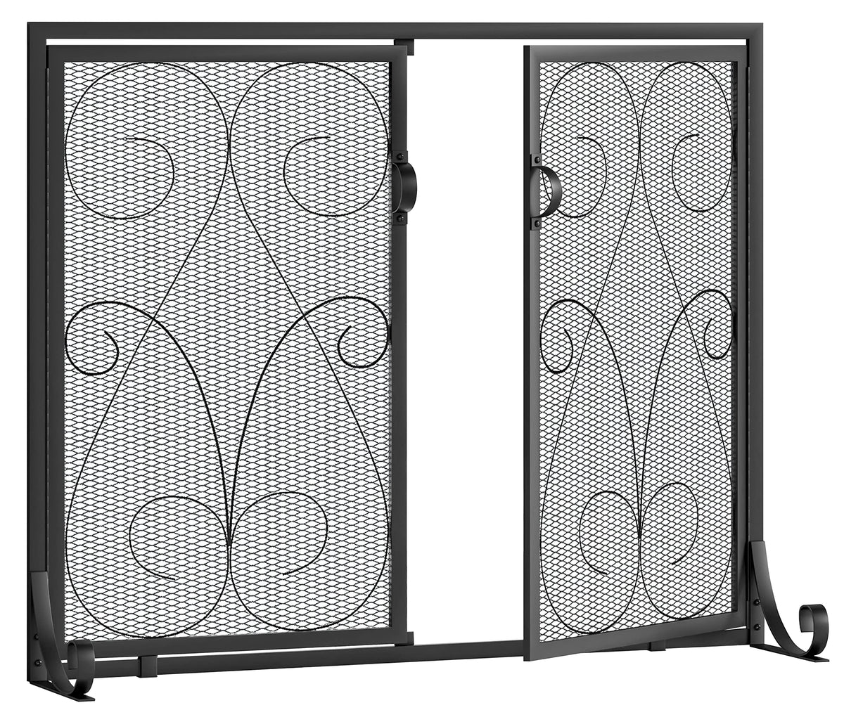 2-Panel Wrought Iron Fireplace Screen with Doors Black W340541