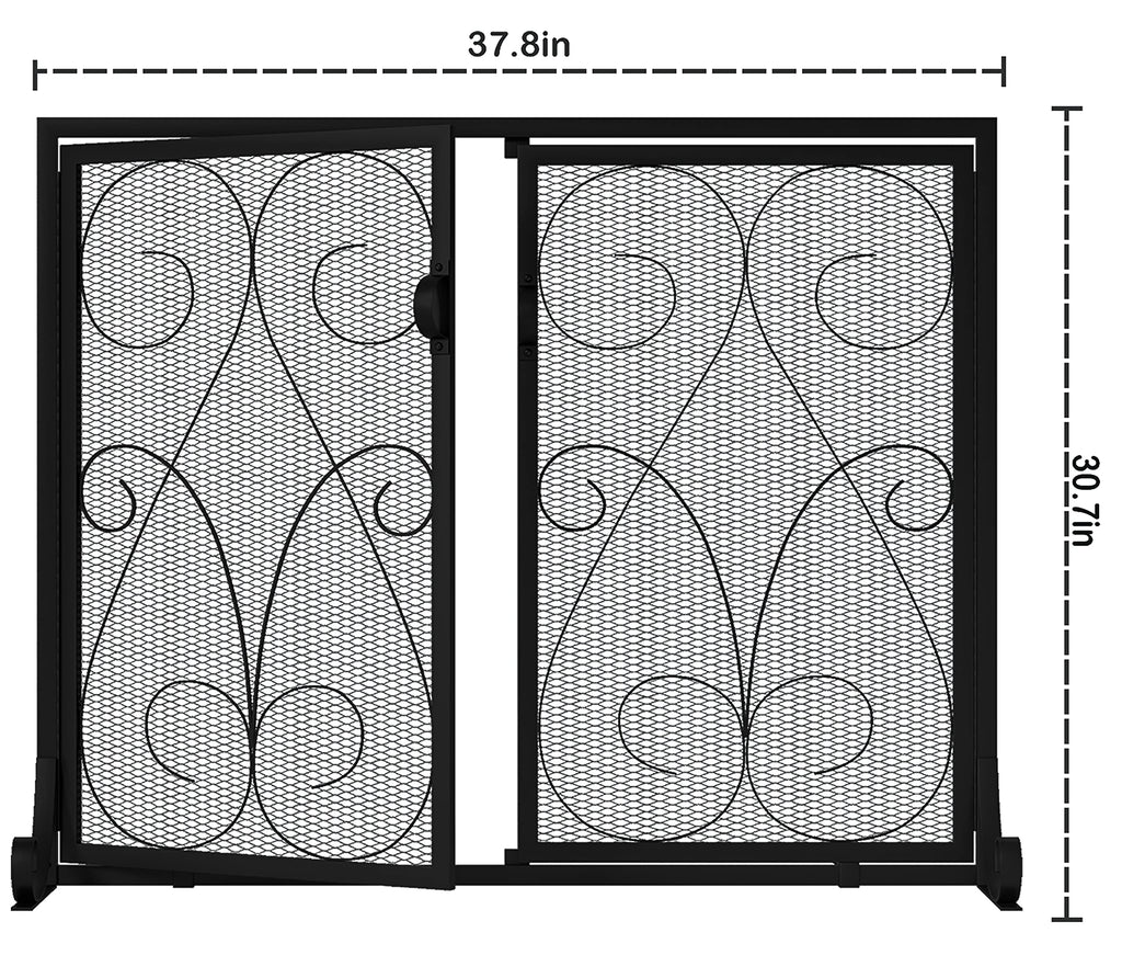 2-Panel Wrought Iron Fireplace Screen with Doors Black W340541