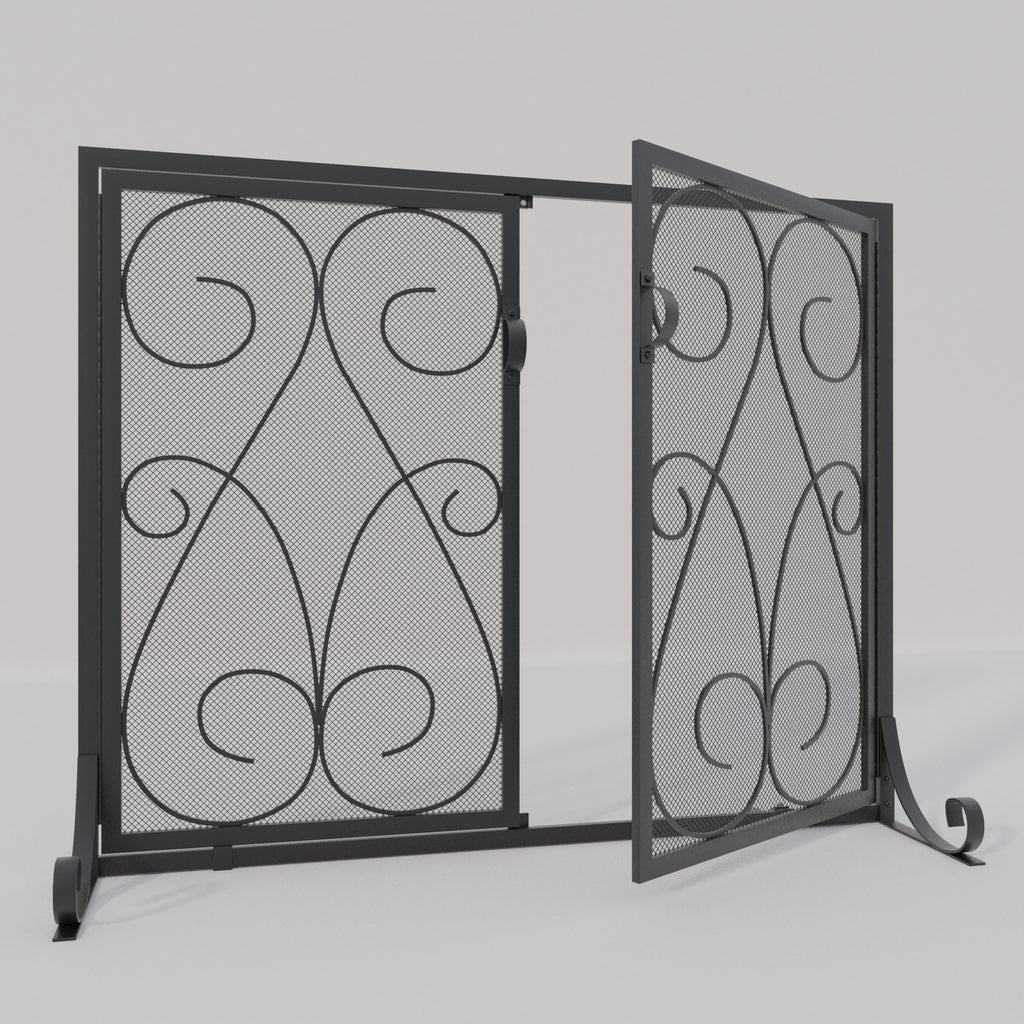 2-Panel Wrought Iron Fireplace Screen with Doors Black W340541