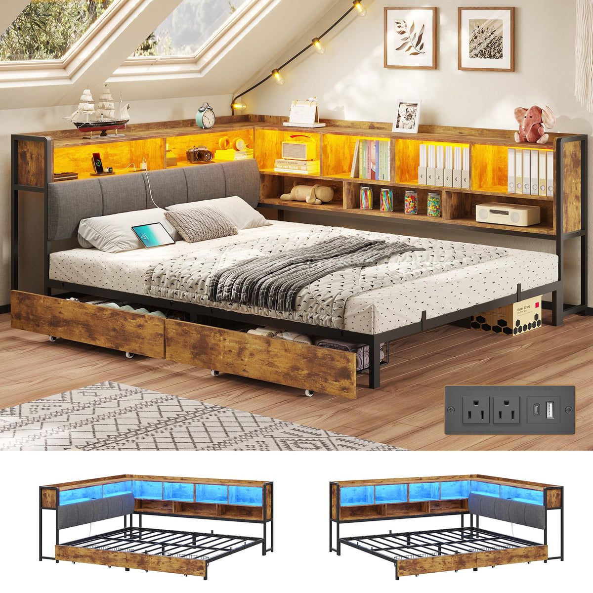 Full Size Corner Bed Frame with Storage and Drawers R466