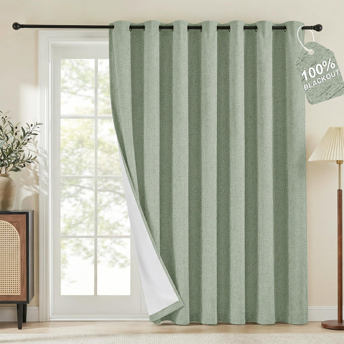 100% Blackout Linen Sliding Door Curtains, Sage Green, 1 Panel B5945