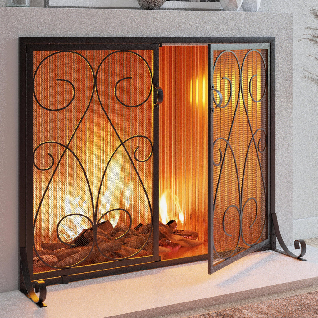 2-Panel Wrought Iron Fireplace Screen with Doors Black W340541
