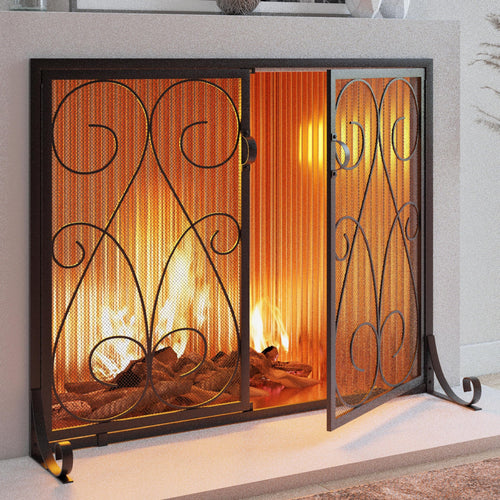 2-Panel Wrought Iron Fireplace Screen with Doors Black W340541