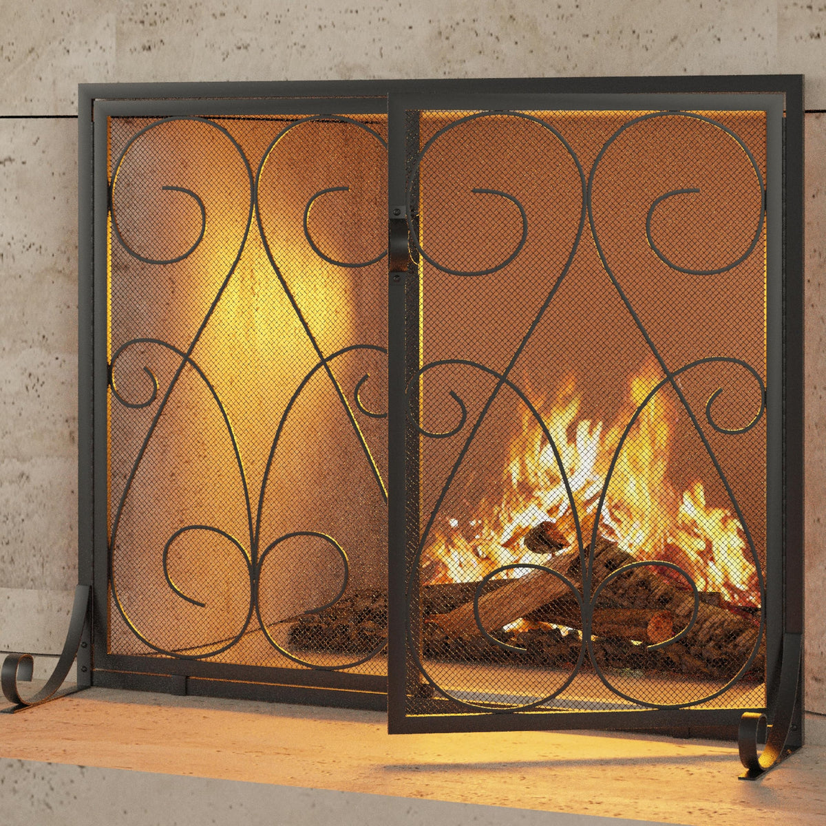 2-Panel Wrought Iron Fireplace Screen with Doors Black W340541