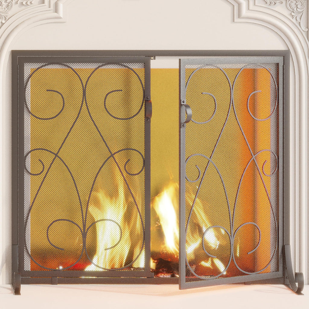 2-Panel Wrought Iron Fireplace Screen with Doors Black W340541
