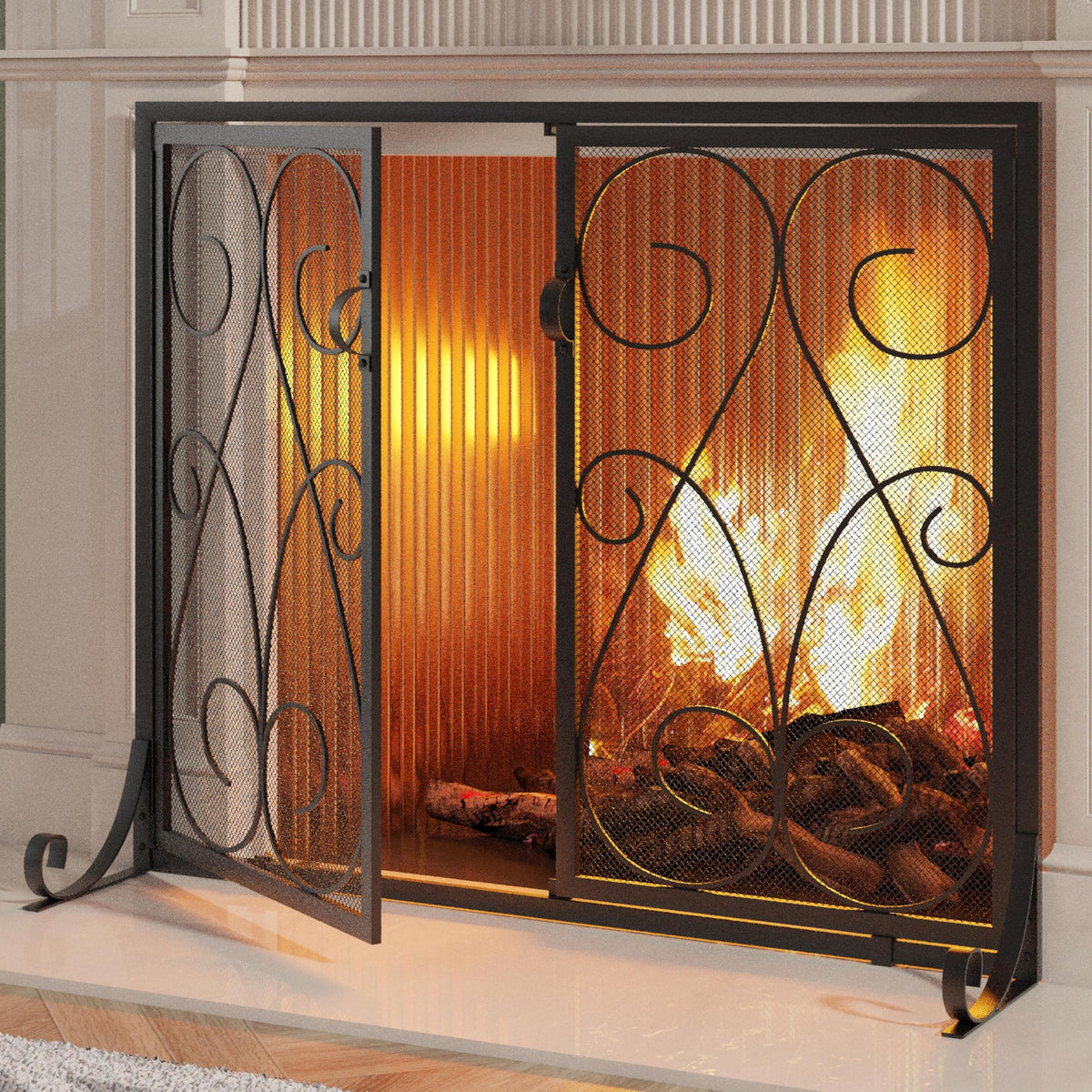 2-Panel Wrought Iron Fireplace Screen with Doors Black W340541